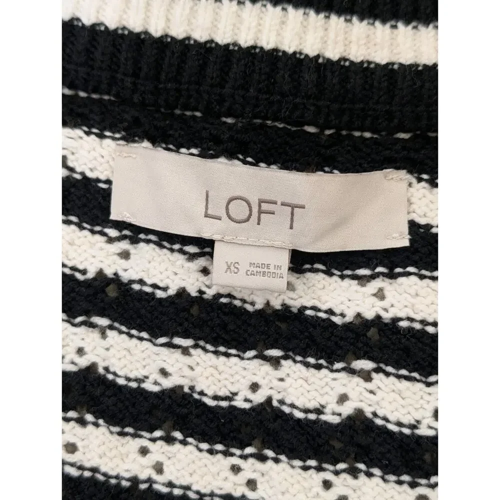 LOFT Pointelle Striped Cardigan Size XS Black White Stripe Gold Buttons Crochet